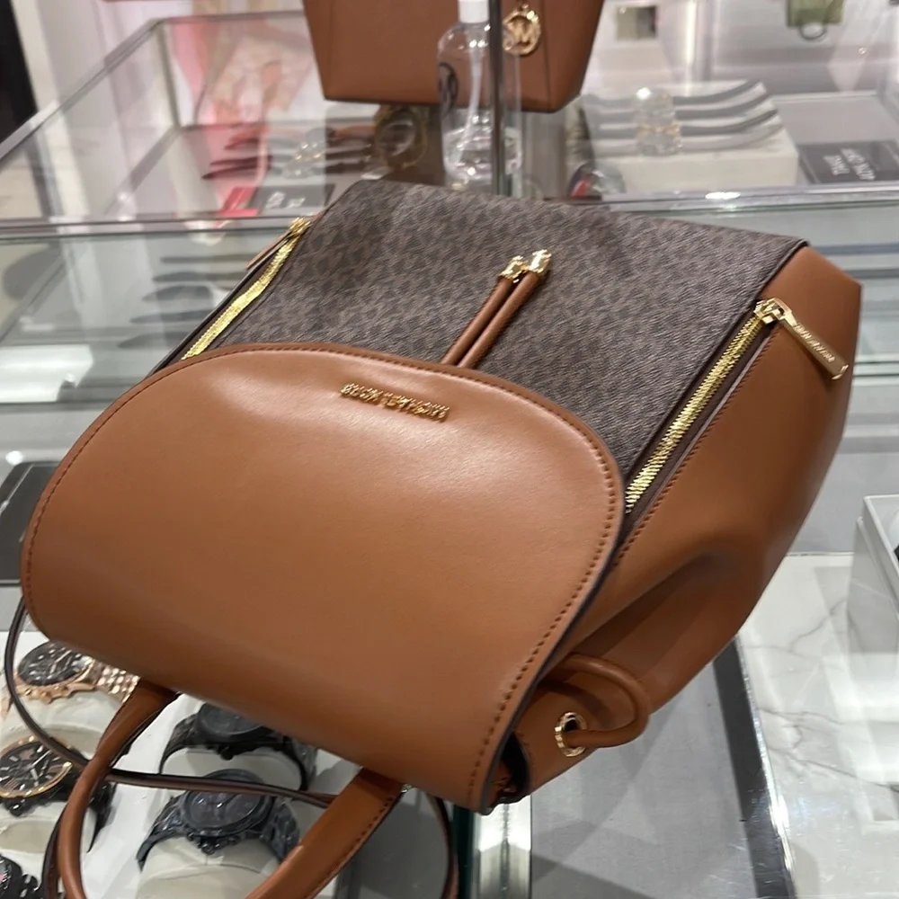 Michael Kors Backpack Bag Phoebe Medium Flap Drawstring Backpack Brown NWT